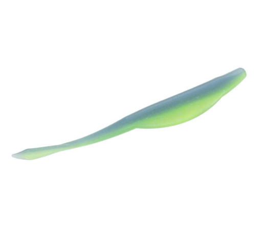 An elongated soft plastic fishing lure, chartreuse green to electric blue.