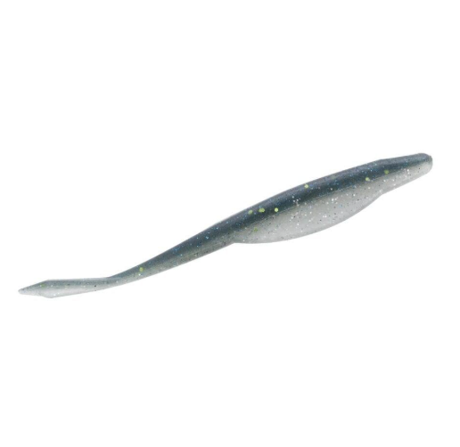 Slender green gizzard soft plastic shad lure with iridescent flecks.