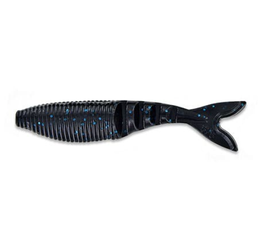 Black fishing lure with blue sparkle