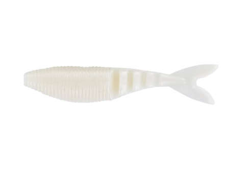 Cream white ribbed swimbait with a forked tail on a white background.