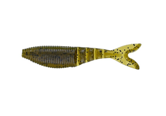 A translucent olive-green soft plastic swimbait fishing lure with black speckles and a ribbed body, shown on a plain white background.