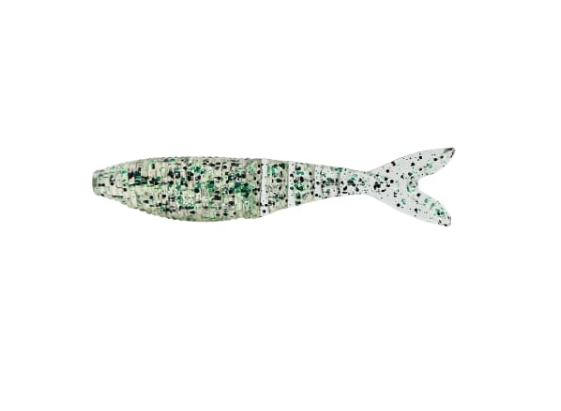 A soft plastic fishing lure shaped like a small fish, featuring a white base with dense green and black glitter speckles, shown against a plain white background.