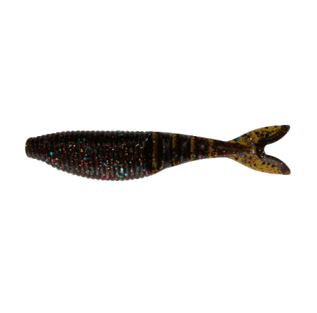A soft plastic swimbait fishing lure with a glittery dark brown body, subtle horizontal striping, and a split tail, shown against a plain white background.
