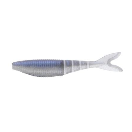 A translucent soft plastic fishing lure shaped like a small baitfish, shown from the side on a plain white background.