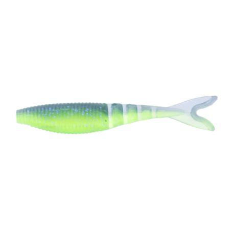 A soft plastic fishing lure shaped like a small squid or squid-like bait, shown from the side on a plain white background. The lure has a translucent body with a bright chartreuse-yellow front, a darker blue-green glittered midsection, and a pale translucent tail.