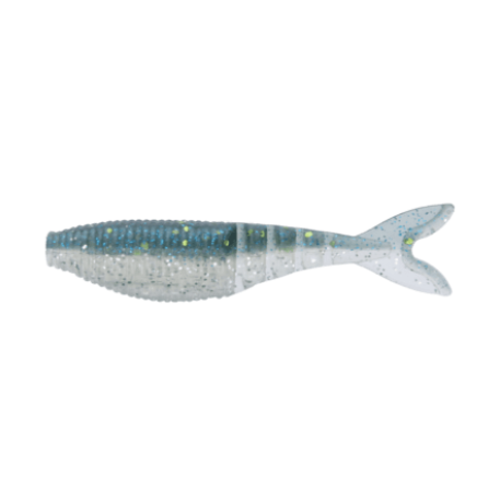 A soft plastic swimbait fishing lure shaped like a small fish with a split tail, shown against a plain white background. The lure has a translucent body with a mottled pattern of blue, green, and silver glitter.