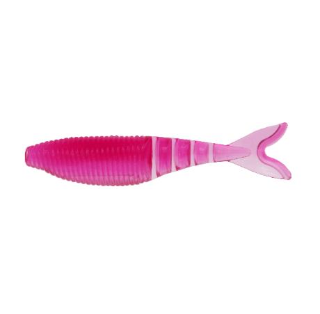 A pink ribbed soft plastic fishing lure with a split tail, shown against a plain white background.