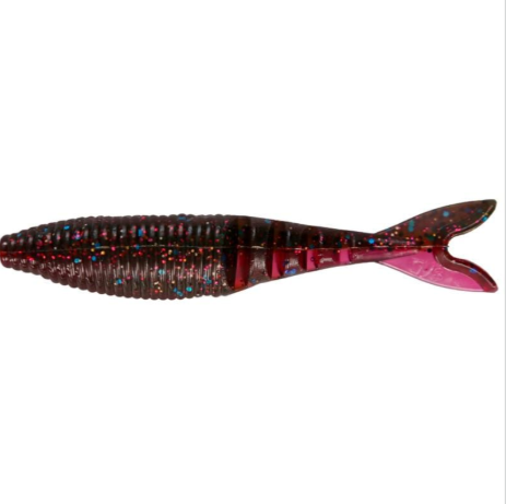 A translucent soft plastic fishing lure shaped like a small fish or shrimp, shown from the side on a plain white background. The body is dark reddish-brown with fine glitter and speckled multicolor flecks, and the tail is bright pink.