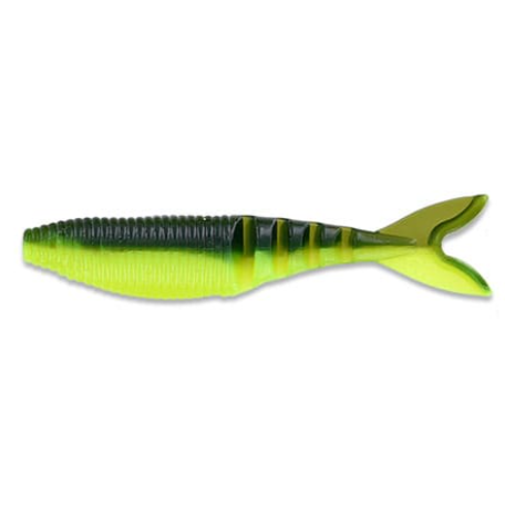 A soft plastic fishing lure shaped like a small fish, featuring a bright neon yellow-green body with a dark green to black striped back and a matching yellow-green tail, shown against a plain white background.