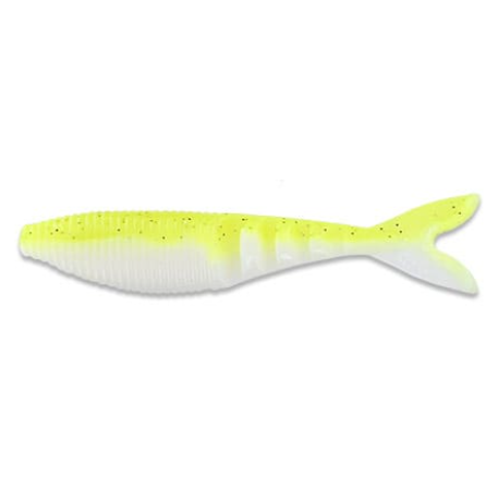 A soft plastic swimbait fishing lure with a ribbed body, featuring a bright neon yellow top that fades to white on the underside, with tiny black glitter flecks throughout.