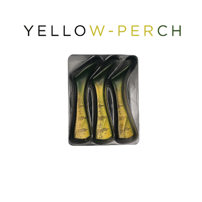 Three black and yellow items in packaging with 'Yellow Perch' branding on a white background