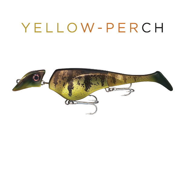 Fishing lure designed to resemble a yellow perch on a white background with 'YELLOW-PERCH' text.