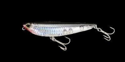 A silver and black hard bait fishing lure with a realistic fish design, featuring a silver body with black top, a red belly, and two treble hooks.