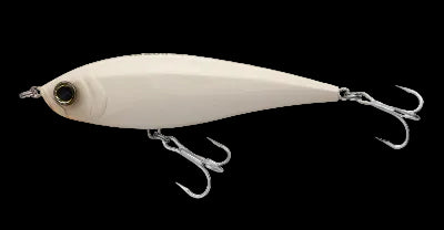 Fishing lure with a white body and silver hooks on a white background