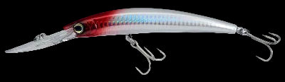 A hard bait fishing lure with a silver body, a red back, iridescent blue striping, a clear diving lip, and two treble hooks.
