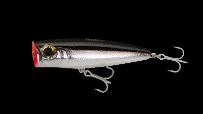 Fishing lure with a shiny metallic finish on a white background