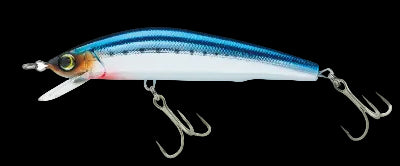 A hard bait fishing lure with a realistic fish design, featuring a blue and silver body, a gold eye, and two treble hooks, shown on a plain white background.