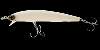 Fishing lure with a white body and silver hooks on a white background