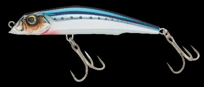 A hard bait fishing lure designed to look like a small fish, featuring a silver and white body with blue and black striping, a detailed fish face, and two silver treble hooks.
