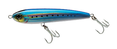 Blue and silver fishing lure with treble hooks on a white background