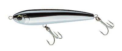 Metallic fishing lure with treble hooks on a white background