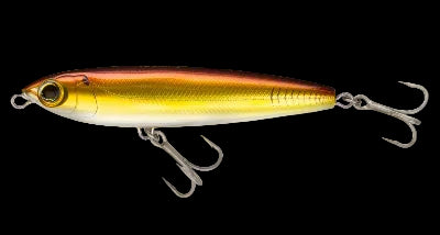 A hard bait fishing lure with a metallic gold and copper gradient body, a silver-white belly, a detailed eye, and two treble hooks, shown on a plain white background.