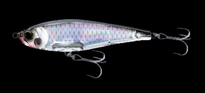 Fishing lure with metallic finish on a white background