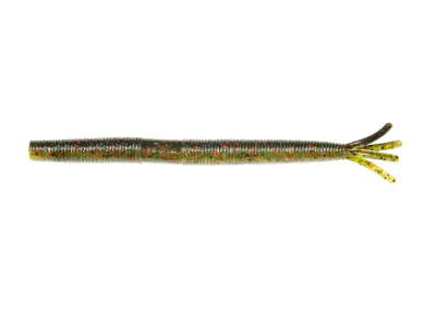 A soft plastic fishing lure shaped like a small segmented worm or larva, shown horizontally on a plain white background. The body is predominantly olive green with fine iridescent glitter in gold, blue, and red, and it has three darker tail filaments ending in small yellow-green tips.