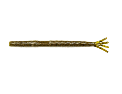 A soft plastic fishing lure with a ribbed body and three tail fins, shown in a metallic olive-gold color against a plain white background.