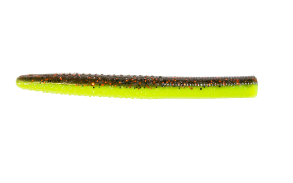 Two-toned coppertreuse soft plastic fishing lure with orange glitter.