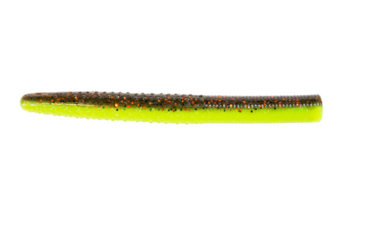 Two-toned coppertreuse soft plastic fishing lure with orange glitter.