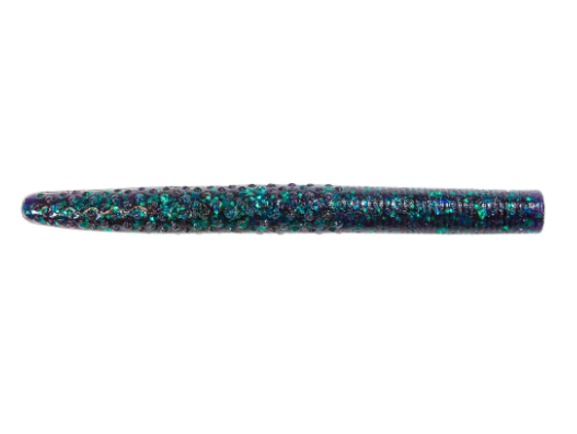 A soft plastic fishing lure with a glittery finish in shades of teal, green, and dark blue, shown horizontally against a plain white background.