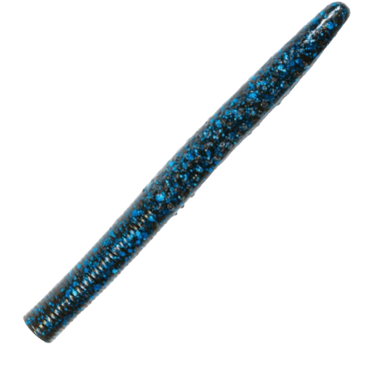 Black and blue flake soft plastic fishing worm, tapered and ribbed.