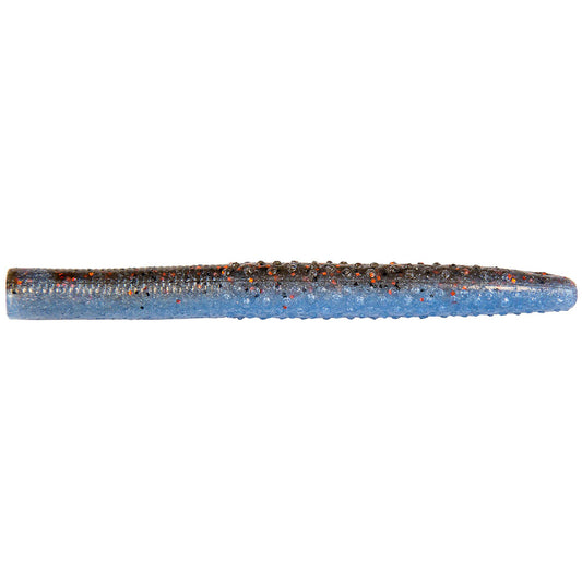 Tapered blue soft plastic fishing lure with dark and orange specks.