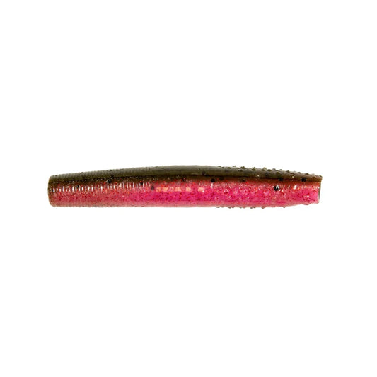 Horizontal dark brown and bright pink soft plastic fishing lure with flecks.