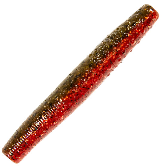 Dark green and red glittered soft plastic fishing lure.