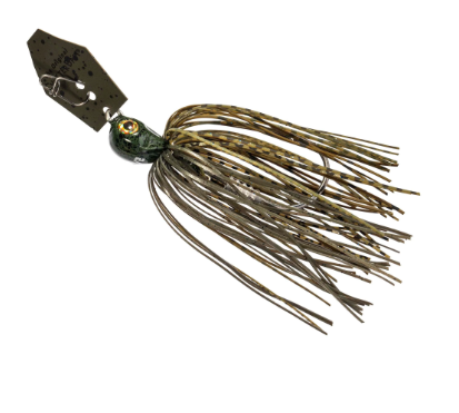 A single fishing jig lure with a dark green marbled head, a brown and tan patterned skirt, and a metal split ring, shown on a plain white background.