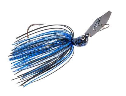 A blue and black skirted fishing lure with a silver metal blade and hook, shown on a plain white background.