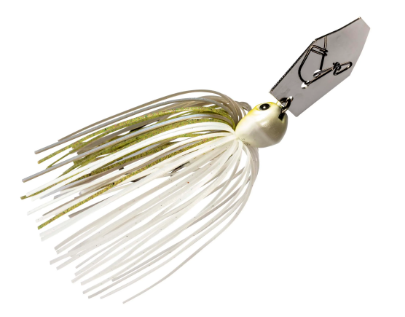 A soft plastic fishing lure with a white and gold skirt, a white head, and a silver metal blade, shown on a plain white background.