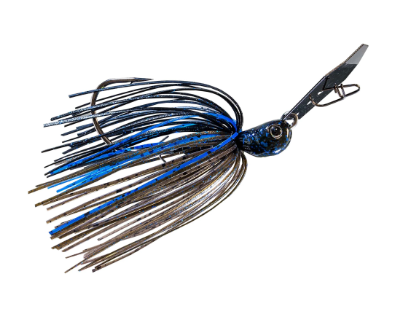 A fishing lure with a metallic blue and black skirt, a dark blue and black head, and a black blade, isolated on a white background.