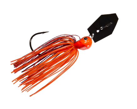 An orange and red skirted fishing lure with a black blade and a dark hook, shown on a plain white background.