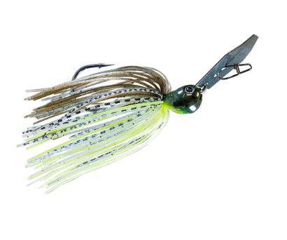 A fishing jig lure with a metallic silver and green head, a dark metal blade, and a skirt made of translucent pale yellow, white, and silver glitter strands.