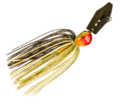 A fishing jig lure with a dark olive green top, a red and yellow bead head, and a skirt made of tan and black glittery strands.