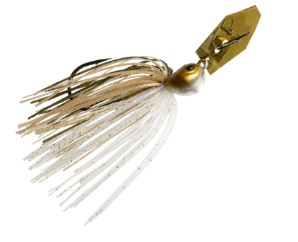 A gold and white fishing spinnerbait lure with a soft plastic skirt in white and tan, shown on a solid white background.