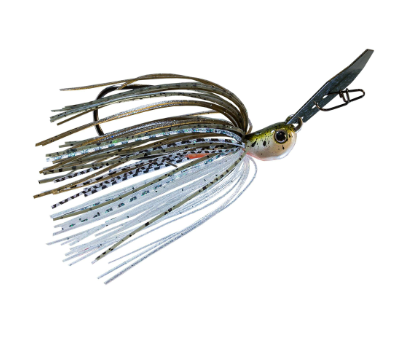A fishing jig lure with a realistic head, black top wing, and two-tone skirt strands in metallic bronze, silver, and black on a plain white background.