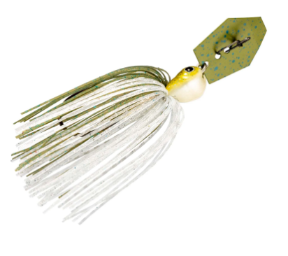 A fishing jig lure with a white and green skirt, a gold head, and a green glittered top tab, shown on a plain white background.