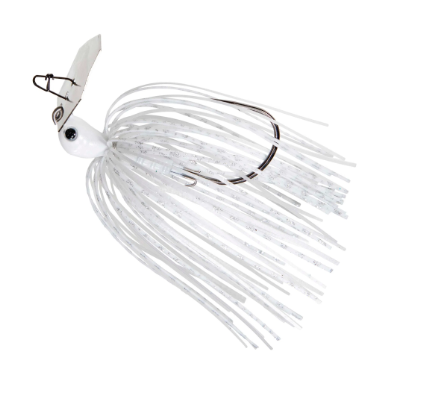 A white plastic topwater diving jig with a clear silicone skirt, a white bead head, and a dark metal hook.