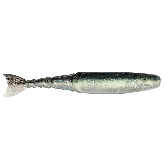 Glittery green and silver soft plastic fishing lure with a segmented tail.