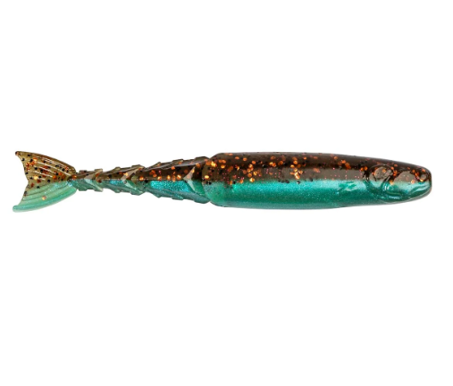 A soft plastic fishing lure shaped like a small fish, featuring a metallic teal-green body with a dark brown glittery back and orange-gold speckles, shown against a plain white background.