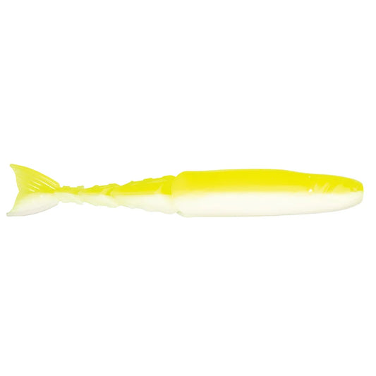 Chartreuse and white soft plastic fishing lure with a segmented tail.